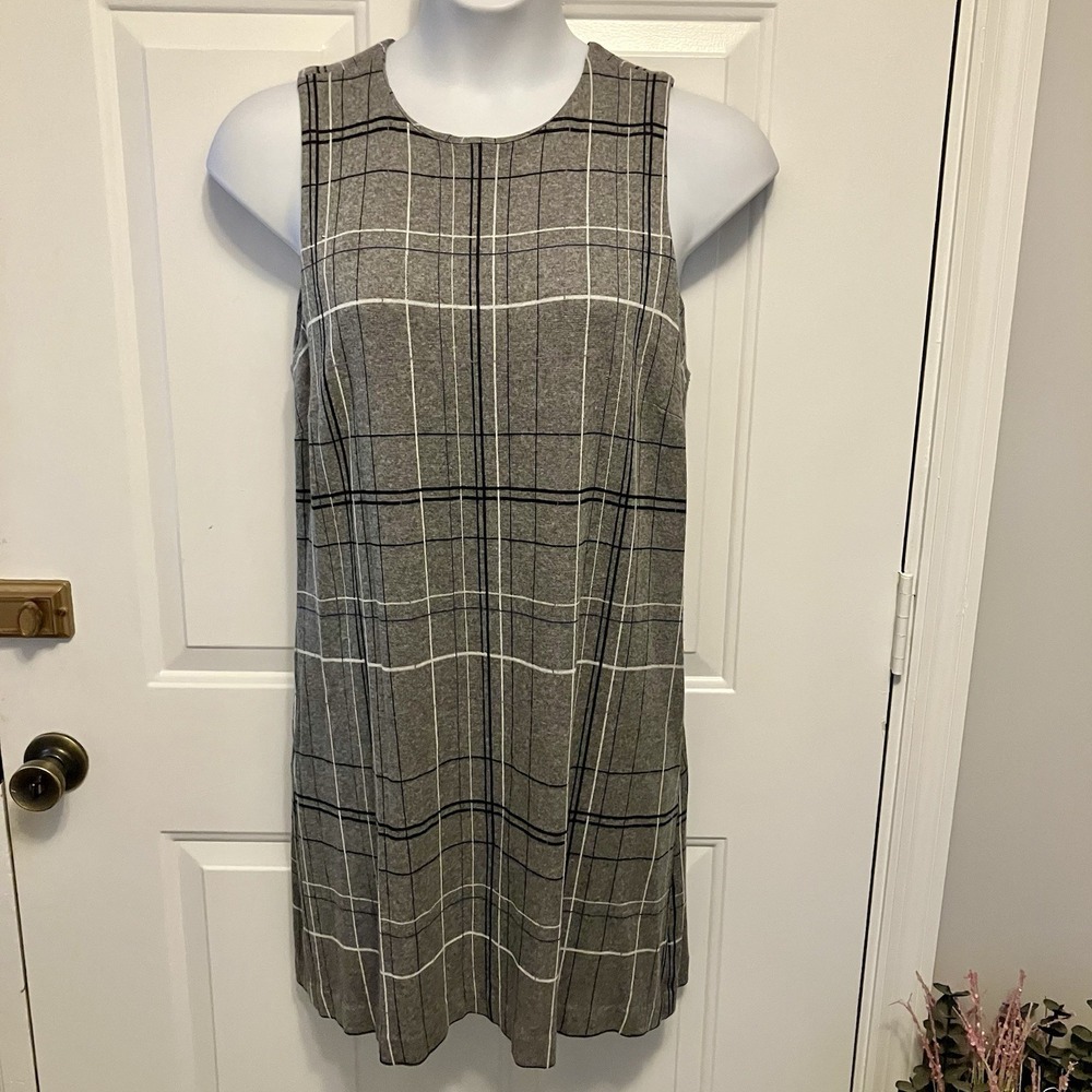 J. JILL PONTE Sz Large Petite Women's Gray Plaid Knit Pockets Midi Shift Dress